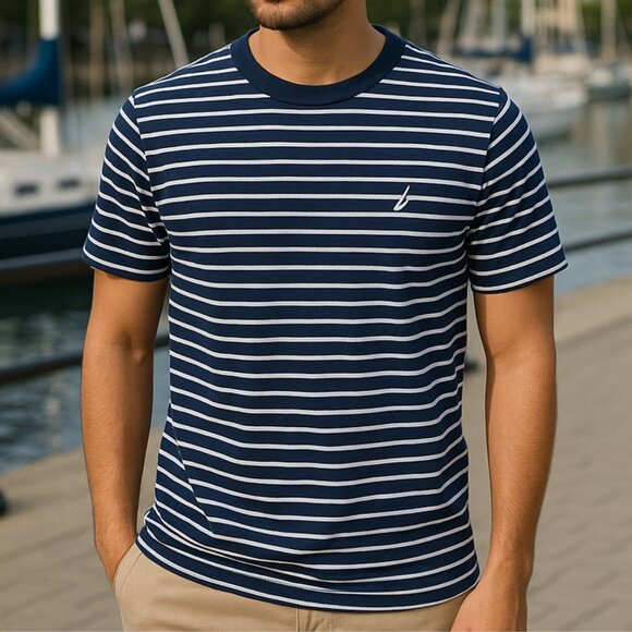 Nautica Men's Striped Tee Size S Navy White Crewneck Nautical Coastal Classic - Picture 2 of 10